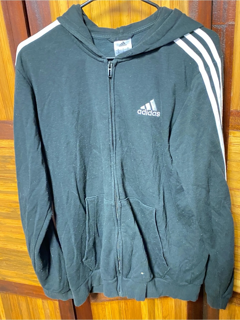 Adidas Black Zip Hoodie with Subtle Logo 3 Stripe Mens Medium